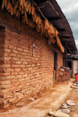 Fotografía de una construcción de adobe, con un techo de lámina y vigas de las que cuelgan largas hileras de mazorcas de maíz.