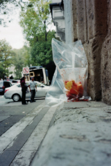 Fotografía de un vaso de plástico con fruta dentro de una bolsa de plástico abandonada en la vía pública